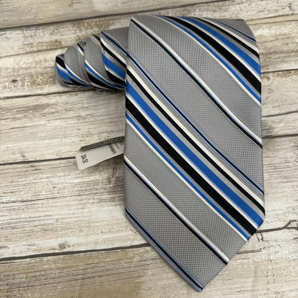 Jos A Bank Silk Neck Tie NWT $84‎ Silver Blue Striped LONG Career Office Preppy